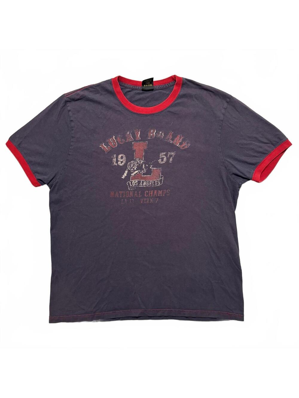 VTG 90's Lucky Brand Collegiate Faded Ringer T-Shirt Men's US XL Navy Red Preppy